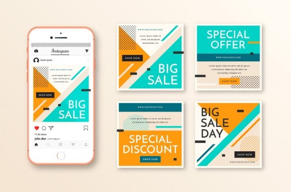 Instagram ad creative variations for ecommerce showing big sale, special offer, and discount mockups for split testing.