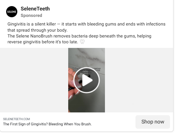 Example of a curiosity hook ad, featuring SeleneTeeth's NanoBrush with a hook about gingivitis