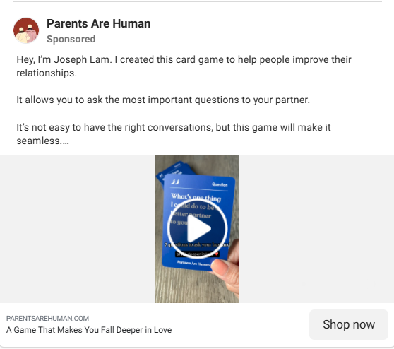Example of a founder story ad, featuring Parents Are Human brand founder, Joseph Lam, introducing his card game.