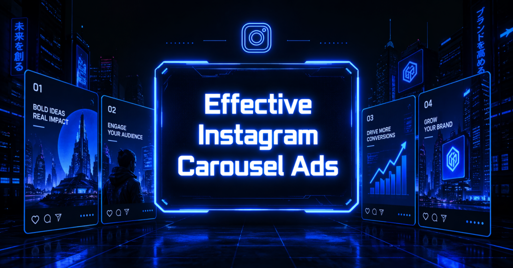 Cyberpunk blue neon featured image showing Instagram carousel ad cards with glowing futuristic interface and Instagram-style carousel layout.