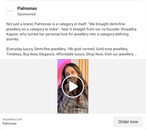 Palmona's Facebook video ad featuring co-founder Shraddha Kapoor delivering a mission-driven founder story.