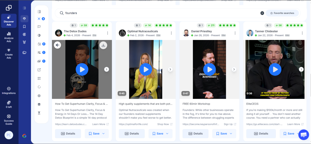 GetHookd's Explore Ads interface showing multiple founder story ads from different brands.