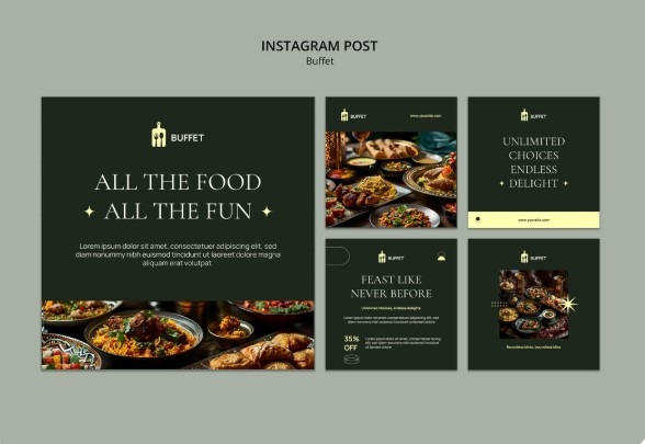 Dark green buffet-themed Instagram restaurant ad templates with elegant menu typography and bold headlines.