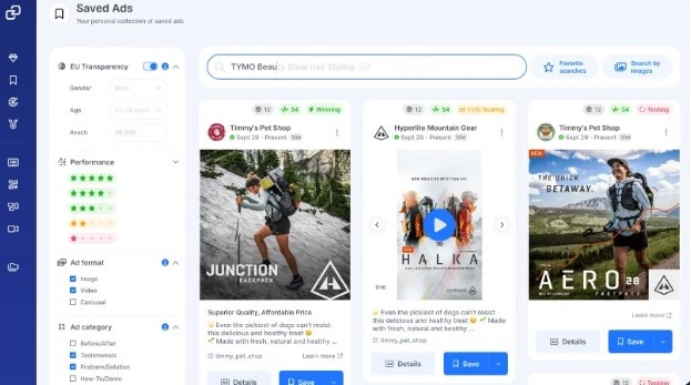 GetHookd Saved Ads dashboard showing a personal library of competitor and inspiration ads.