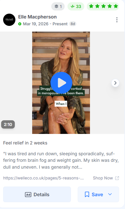 WelleCo Facebook video ad featuring founder Elle Macpherson with on-screen text referencing cortisol and menopause struggles.