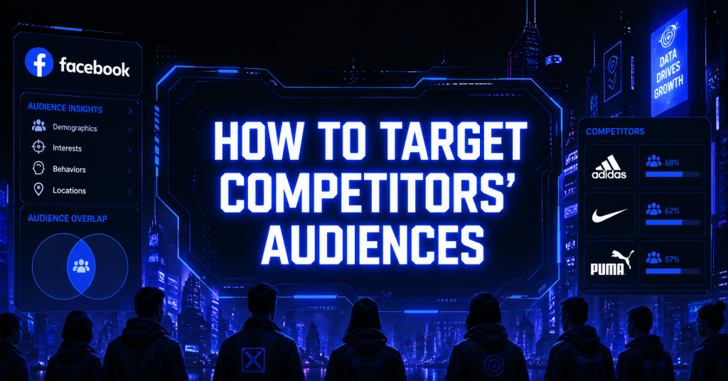 Futuristic blue cyberpunk graphic showing Facebook audience targeting dashboards, competitor audience overlap analysis, and digital marketing strategy visuals