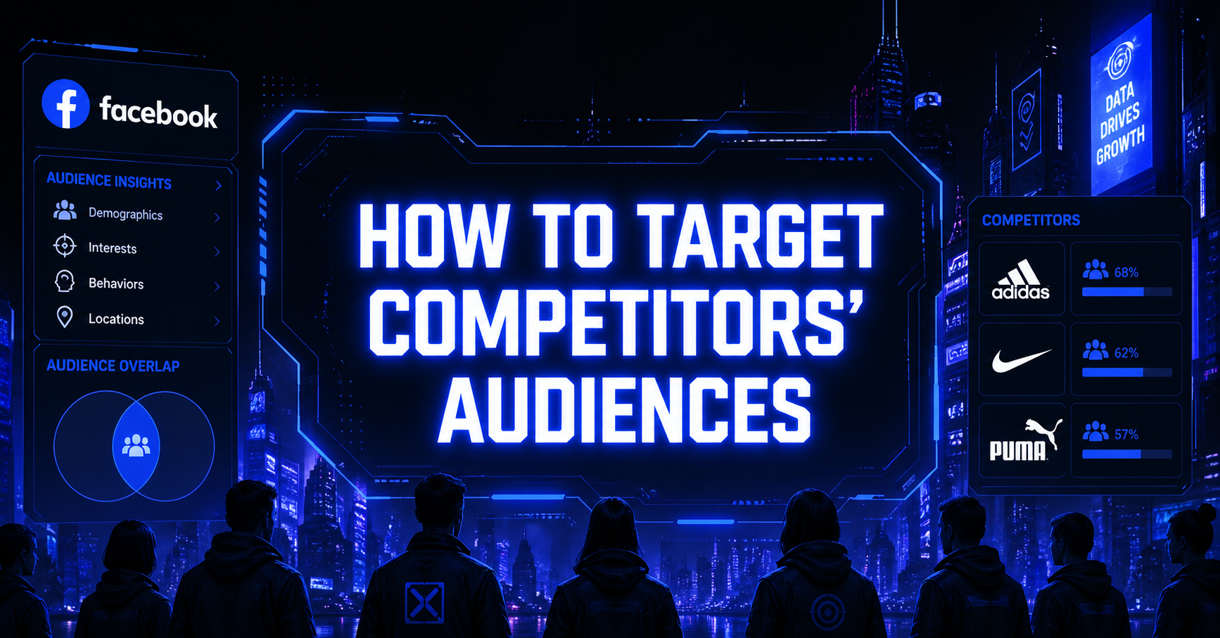 Futuristic blue cyberpunk graphic showing Facebook audience targeting dashboards, competitor audience overlap analysis, and digital marketing strategy visuals