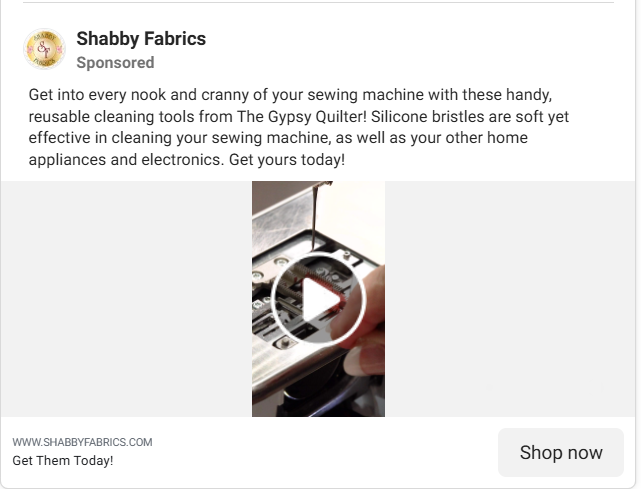Shabby Fabrics product demo ad showing silicone cleaning brushes being used inside a sewing machine.