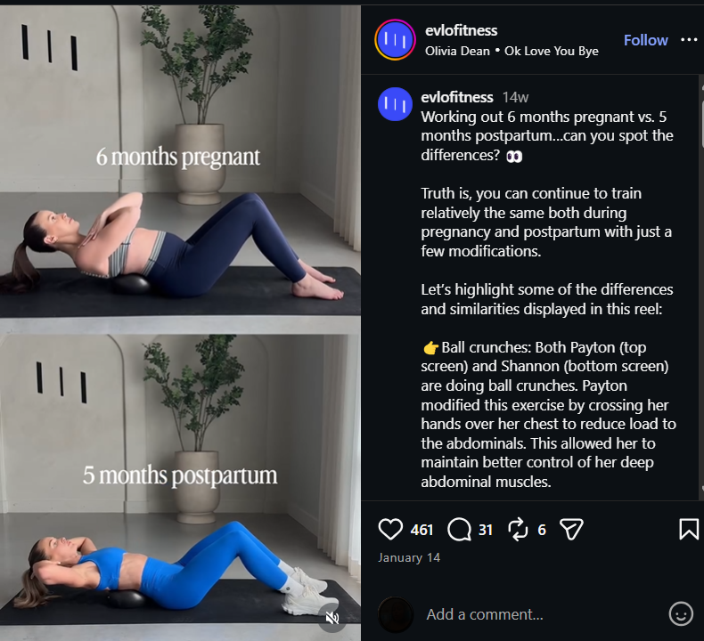 Example of a before-and-after transformation, showing a split-screen of a woman doing ball crunches at 6 months pregnant and 5 months postpartum.