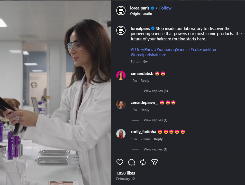 L'Oréal Paris behind-the-scenes content showing a scientist testing hair products in the brand's laboratory.