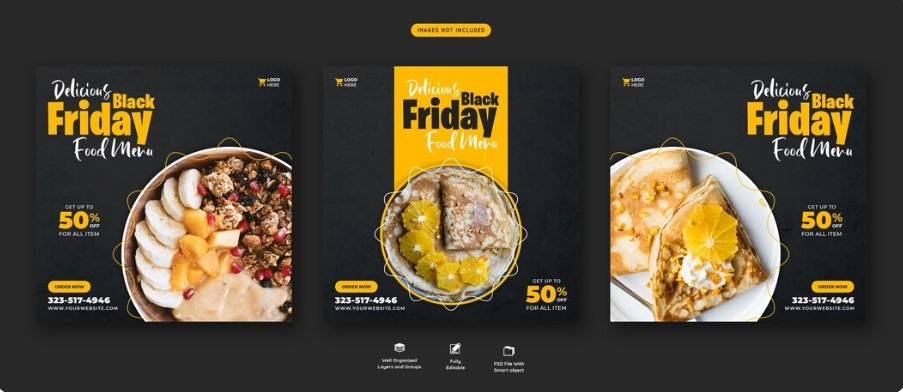 Three dark Black Friday restaurant Instagram ad templates with yellow accents and limited-time food offers.