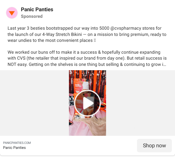 Panic Panties video ad featuring founder copy about bootstrapping their way into 5,000 CVS stores.
