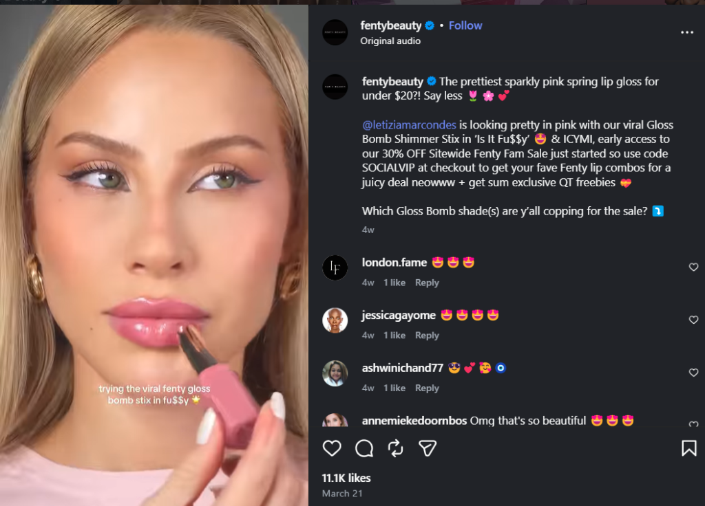 Example of user-generated content, featuring a creator applying Fenty Beauty's Gloss Bomb Shimmer Stix on camera.