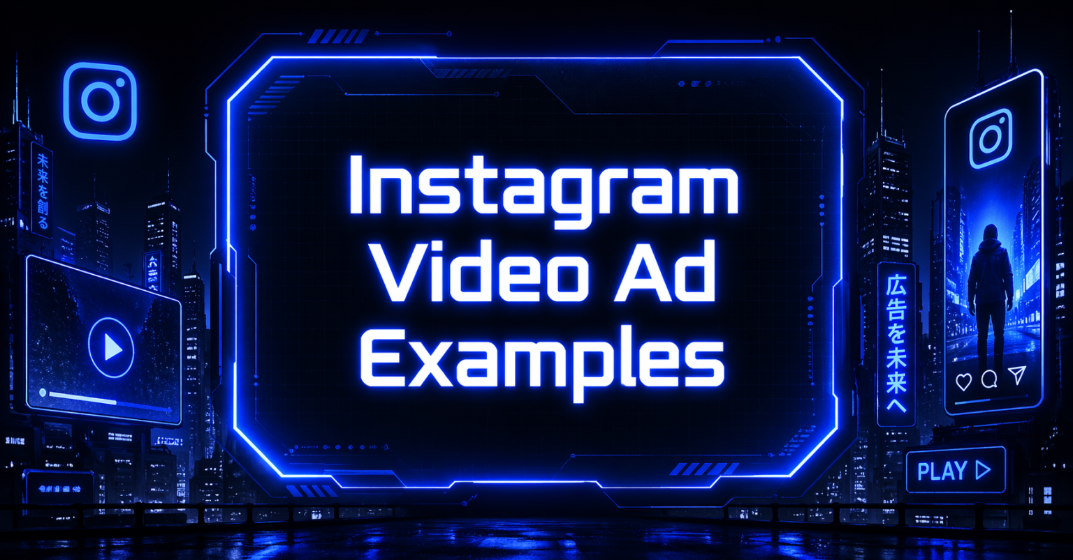 Cyberpunk Instagram video ad examples banner with neon blue cityscape, Instagram logo, and futuristic social media interface screens.