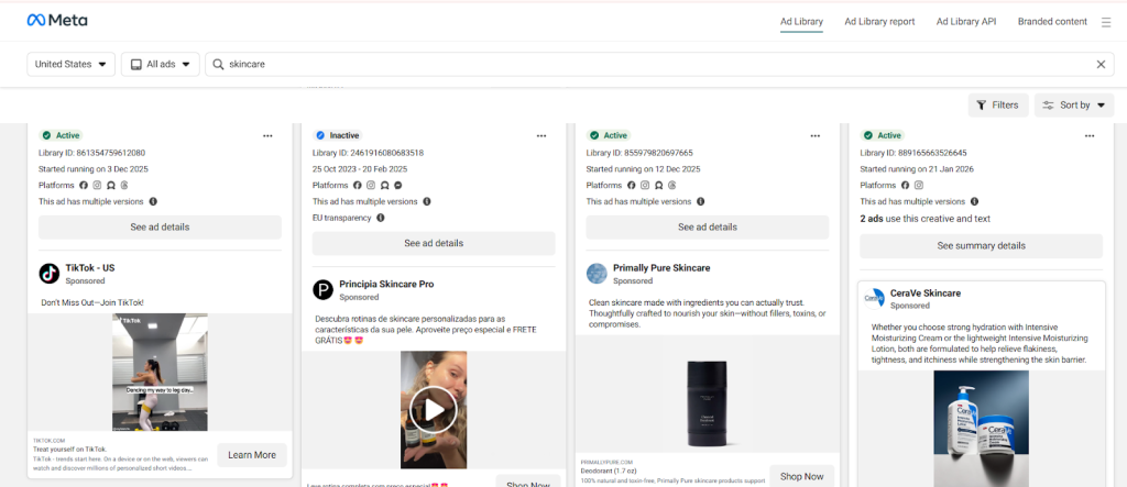 The Meta Ad Library showing skincare ad results, including start dates and the platforms each ad is running on.