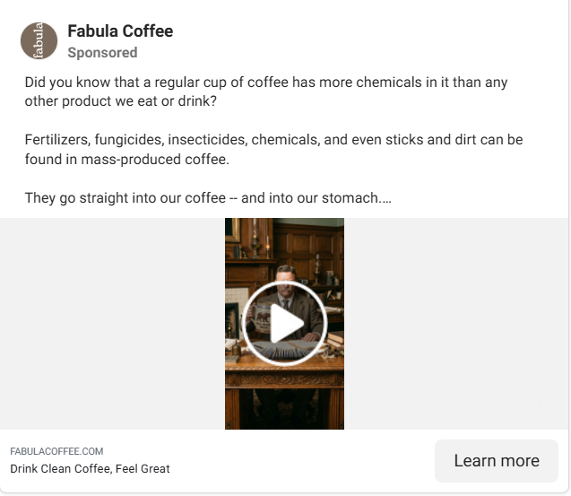 A curiosity gap Instagram ad headline by Fabula Coffee, opening with a surprising claim about chemicals in mass-produced coffee.