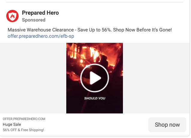 Prepared Hero’s headline promoting a 56% off warehouse clearance with limited-stock messaging.