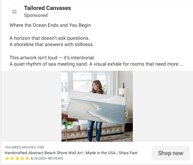 A social proof Instagram ad headline by Tailored Canvases, featuring a five-star rating and 20,000+ customer reviews.