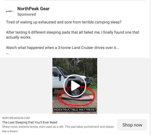 A bold claim in an Instagram ad headline by NorthPeak Gear, promoting an indestructible camping mattress.