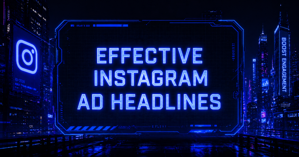 Cyberpunk featured image with neon-blue Instagram branding and glowing 'Effective Instagram Ad Headlines' text, centered on a futuristic digital billboard in a dark city setting.