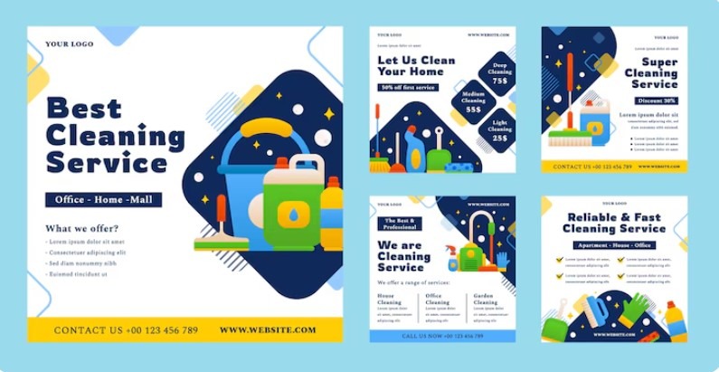 Examples of cleaning ad layouts using pricing tiers and clear service categories.