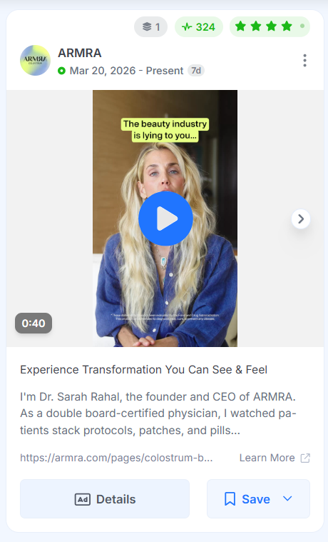 ARMRA Facebook video ad featuring founder Dr. Sarah Rahal with on-screen text reading: the beauty industry is lying to you.