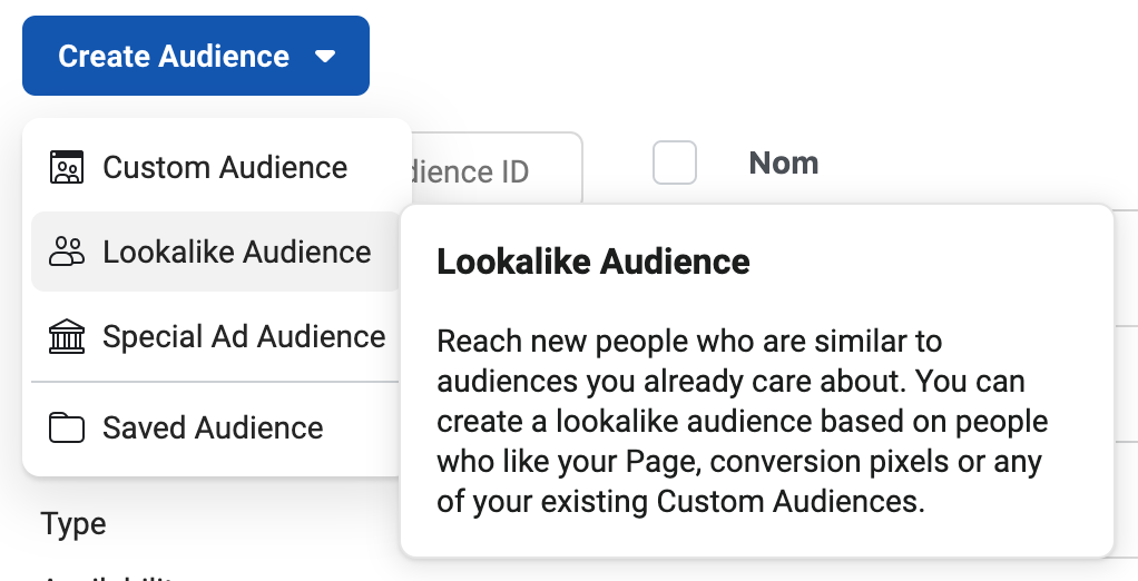 Meta Ads Manager Create Audience dropdown showing Lookalike Audience option.