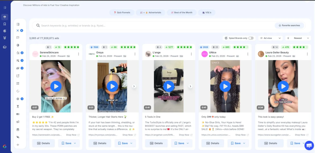 GetHookd Explore Ads dashboard displaying winning Meta ad examples.