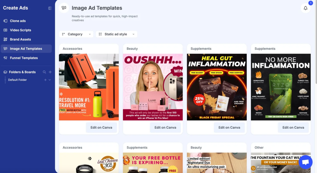 GetHookd Image Ad Templates dashboard showing static ad designs across niches.