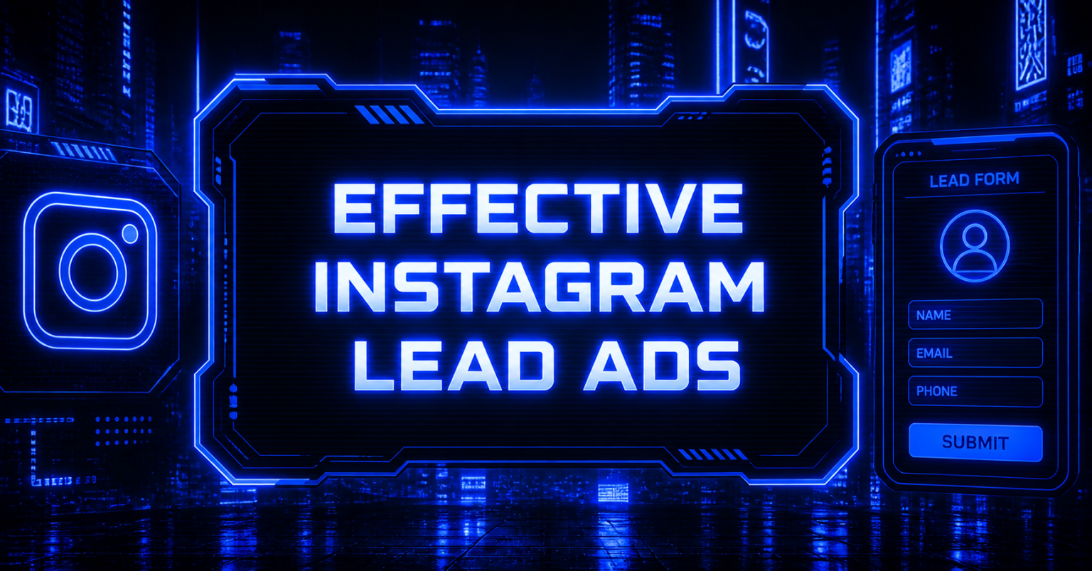 Futuristic neon design for effective Instagram lead ads featuring the Instagram icon and a lead form with name, email, and phone fields.