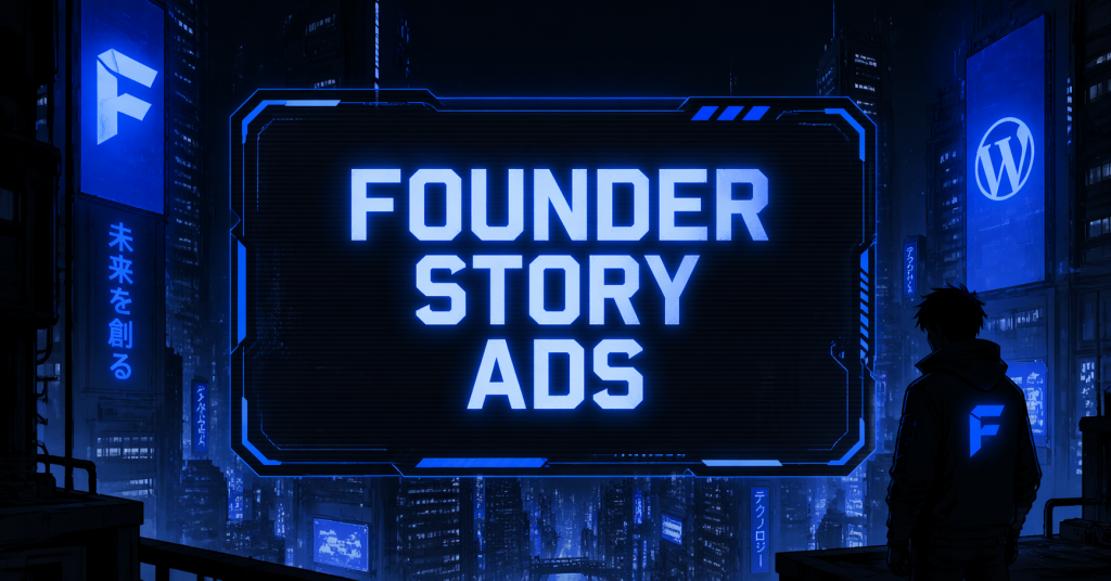 Founder Story Ads graphic featuring a lone figure gazing at a glowing billboard against a dark, futuristic city skyline.