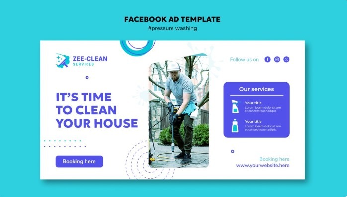 Facebook ad template for a washing service showing a worker, service list, and a "Booking here" call-to-action button.