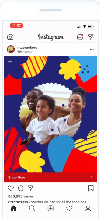 Ritz Crackers Instagram video ad showing a smiling family surrounded by colorful red, blue, and yellow pattern graphics.