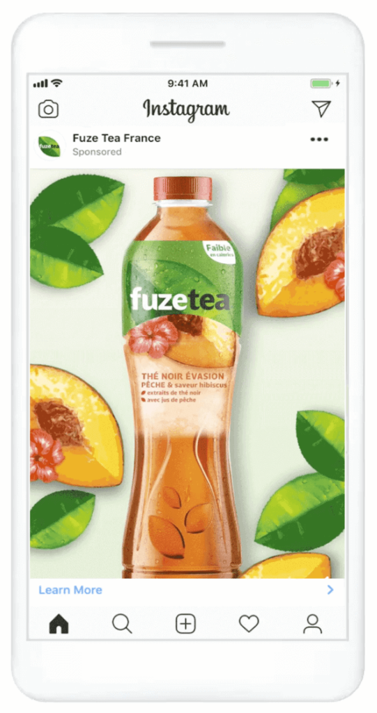 Smartphone display of Fuze Tea France Instagram ad promoting a peach hibiscus iced tea.