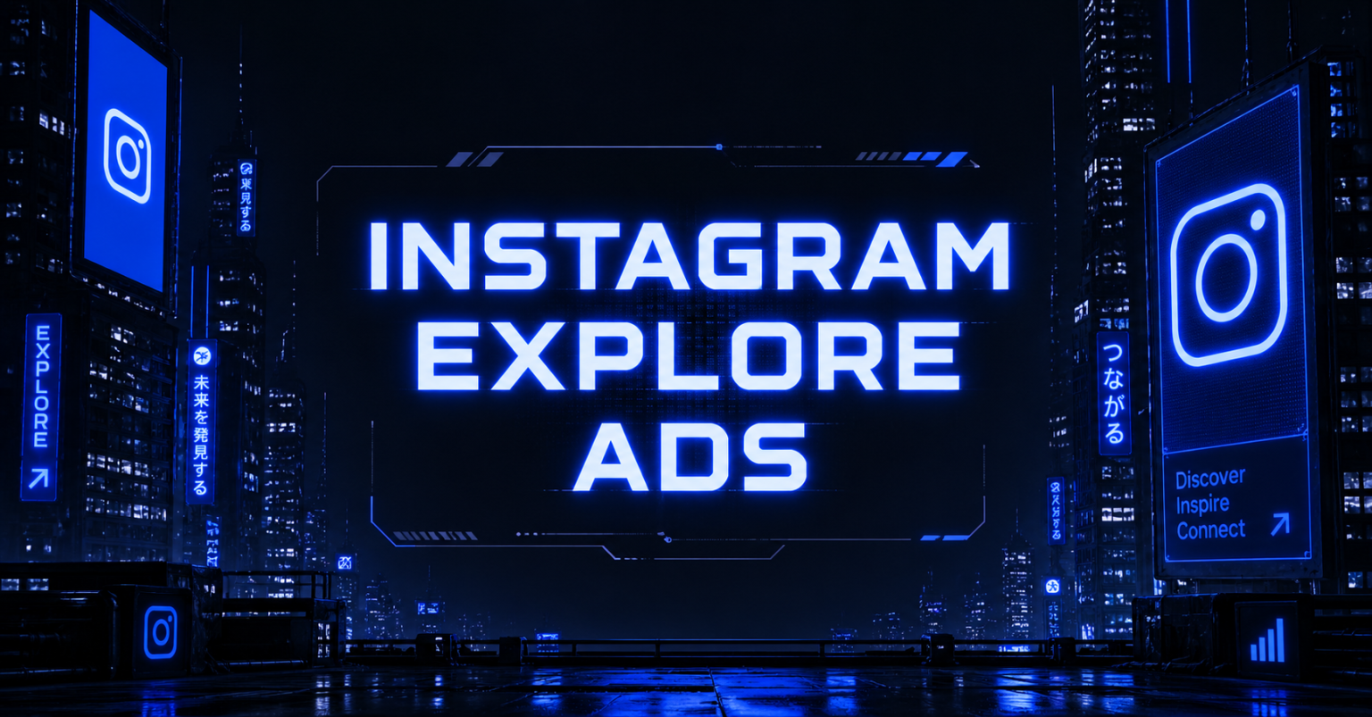 Cyberpunk cityscape with glowing blue “Instagram Explore Ads” text centered and Instagram-style icons in the background.
