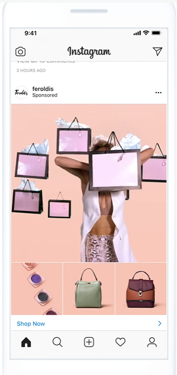 Instagram Collection Ad from Feroldis with a model holding pink shopping bags, plus a product grid of eyeshadow palettes and handbags in matching tones.