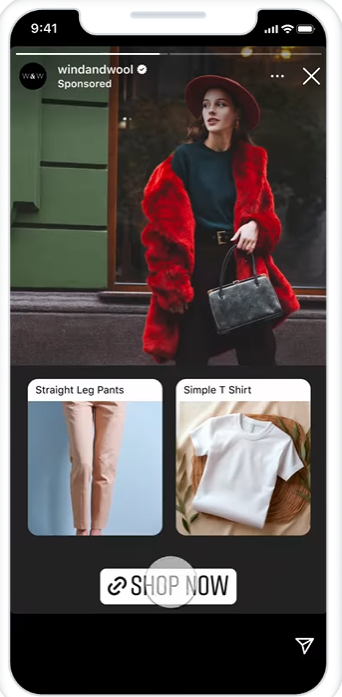Instagram Story Collection Ad from Wind and Wool with a model in a red faux-fur coat, plus a product grid below featuring straight-leg pants and a simple white T-shirt.