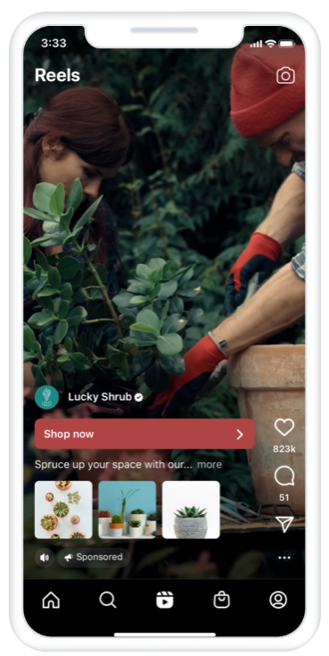 Instagram Collection Ad from Lucky Shrub showing a full-screen video of two gardeners potting plants.