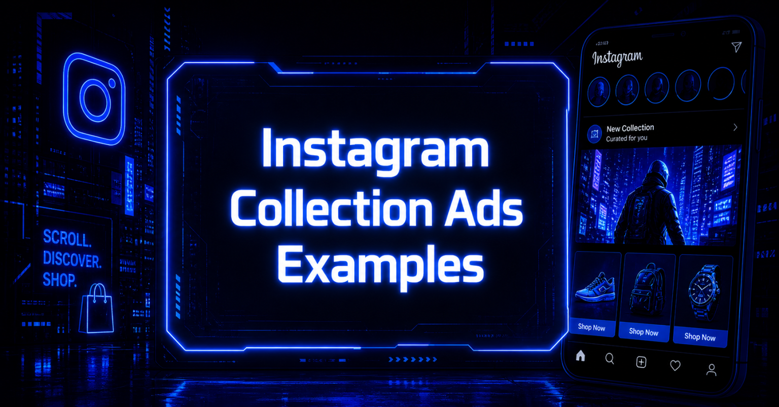 Neon-lit graphic showing "Instagram Collection Ads Examples" beside a smartphone displaying a shoppable product feed.