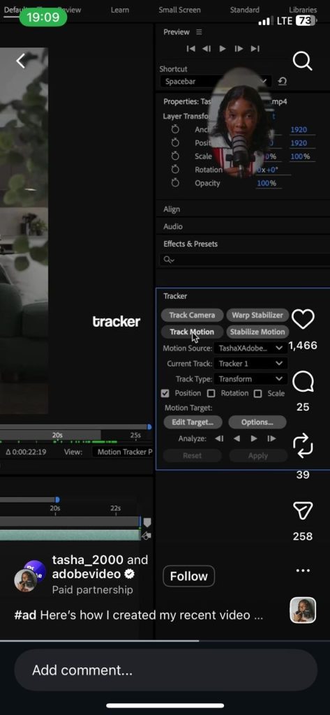 Instagram ad in paid partnership between creator Tasha 2000 and Adobe Video featuring a tutorial on motion tracking in video editing software.
