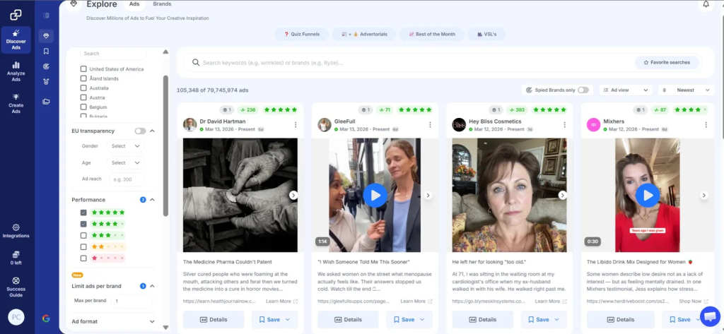 GetHookd Explore Ads dashboard showing Meta ad search results with filters for performance, gender, age, and ad reach.