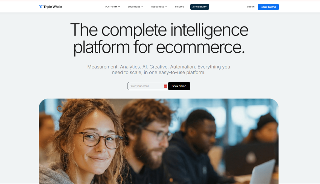 Triple Whale homepage describing the platform as a complete intelligence solution for ecommerce.