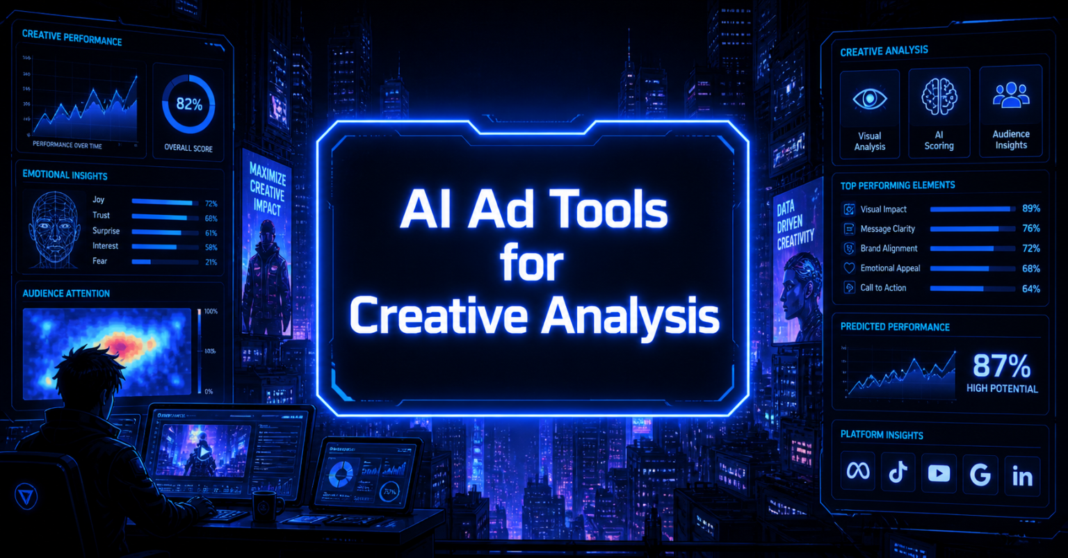 Futuristic dashboard displaying AI-powered creative analysis metrics, performance charts, and emotional insights in neon blue. 