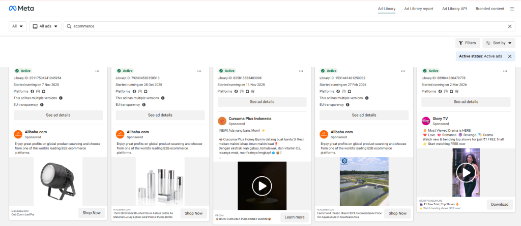Meta Ad Library search results showing active sponsored ads from Alibaba.com, Curcuma Plus Indonesia, and Story TV with start dates and platform icons.