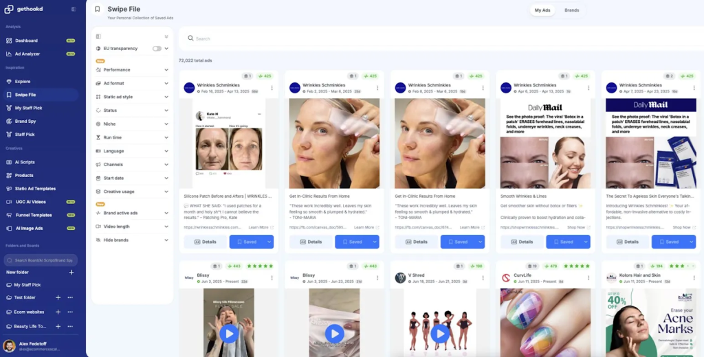 GetHookd Swipe File dashboard displaying saved ads from brands with filter options for performance, run time, language, and channels. 