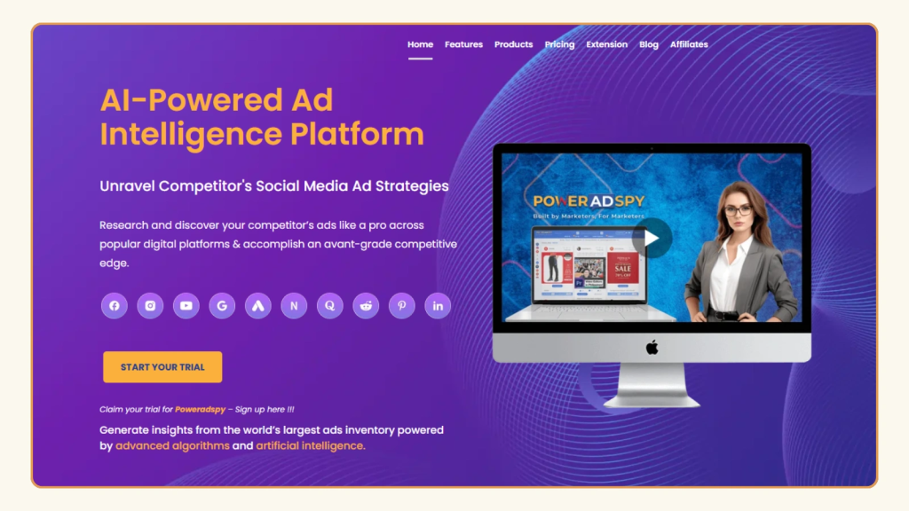 PowerAdSpy homepage showing the platform's supported networks, including Facebook, Instagram, YouTube, Google, and Reddit.