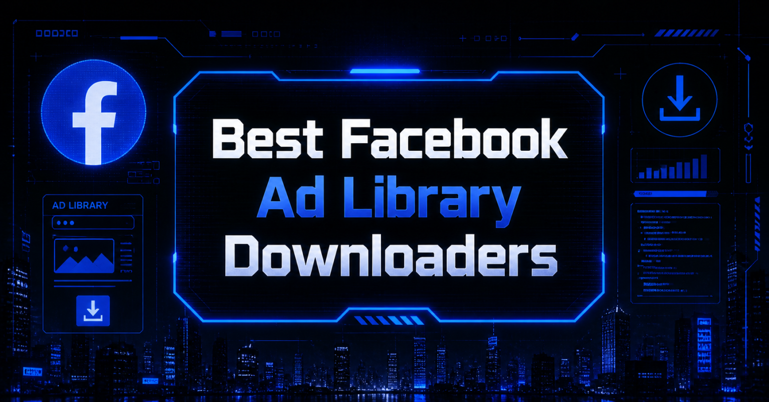 Cyberpunk-style blue interface showing Facebook ad library downloader concept with glowing UI panels and central text.