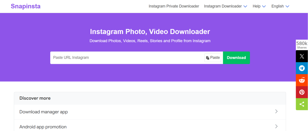 SnapInsta homepage with a paste field for Instagram URLs and a green Download button.