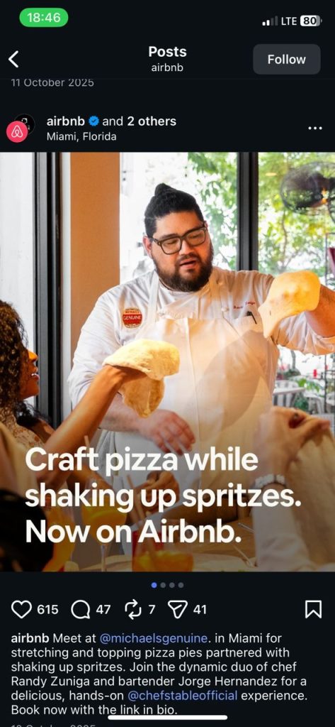 Airbnb sponsored location ad for a Miami pizza and spritzes experience at Michael's Genuine featuring chef Randy Zuniga.
