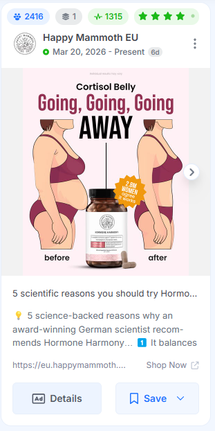 Happy Mammoth EU Facebook ad using a side-by-side body transformation visual